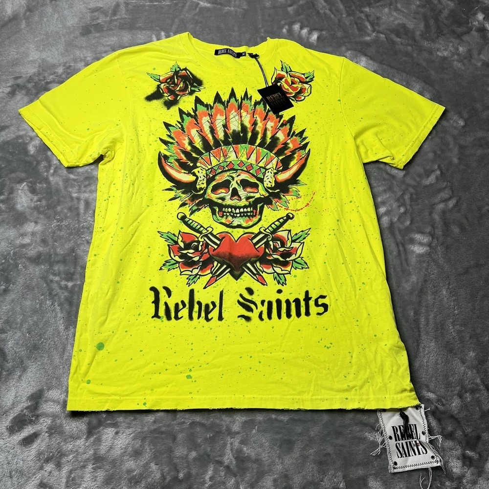 Rebel Saints Shirt Men Size XL Neon Yellow Marching In Graphic Skull Roses Rave
